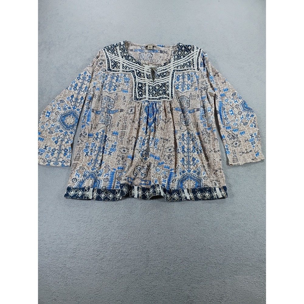 Lucky Brand Womens Embroidered Peasant Top Blue Tan Large Boho Blouse